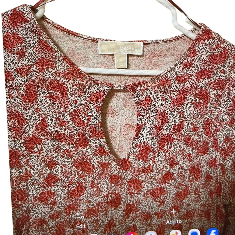 Michael Kors‎ Womens Red Floral Keyhole 3/4 Sleeve Bubble Hem Blouse Top Small